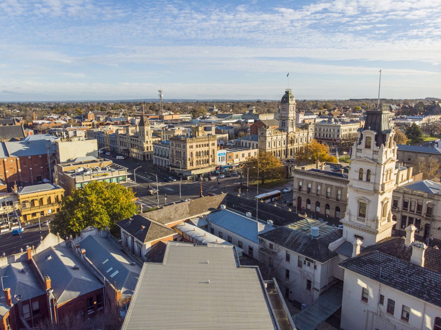 Aerial view of central Ballarat at the intersection of Lydiard Street and Sturt Street