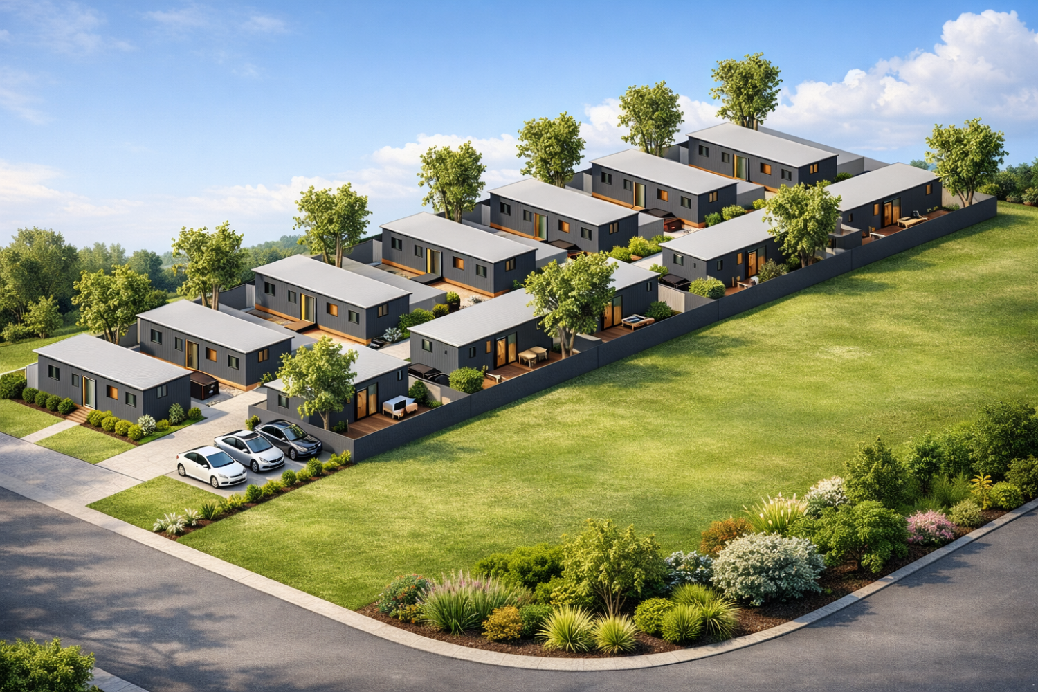 Artist impression of the approved Blake Street group accommodation development in Ararat, showing multiple single-storey dwellings arranged along a central accessway with landscaped setbacks and onsite parking.