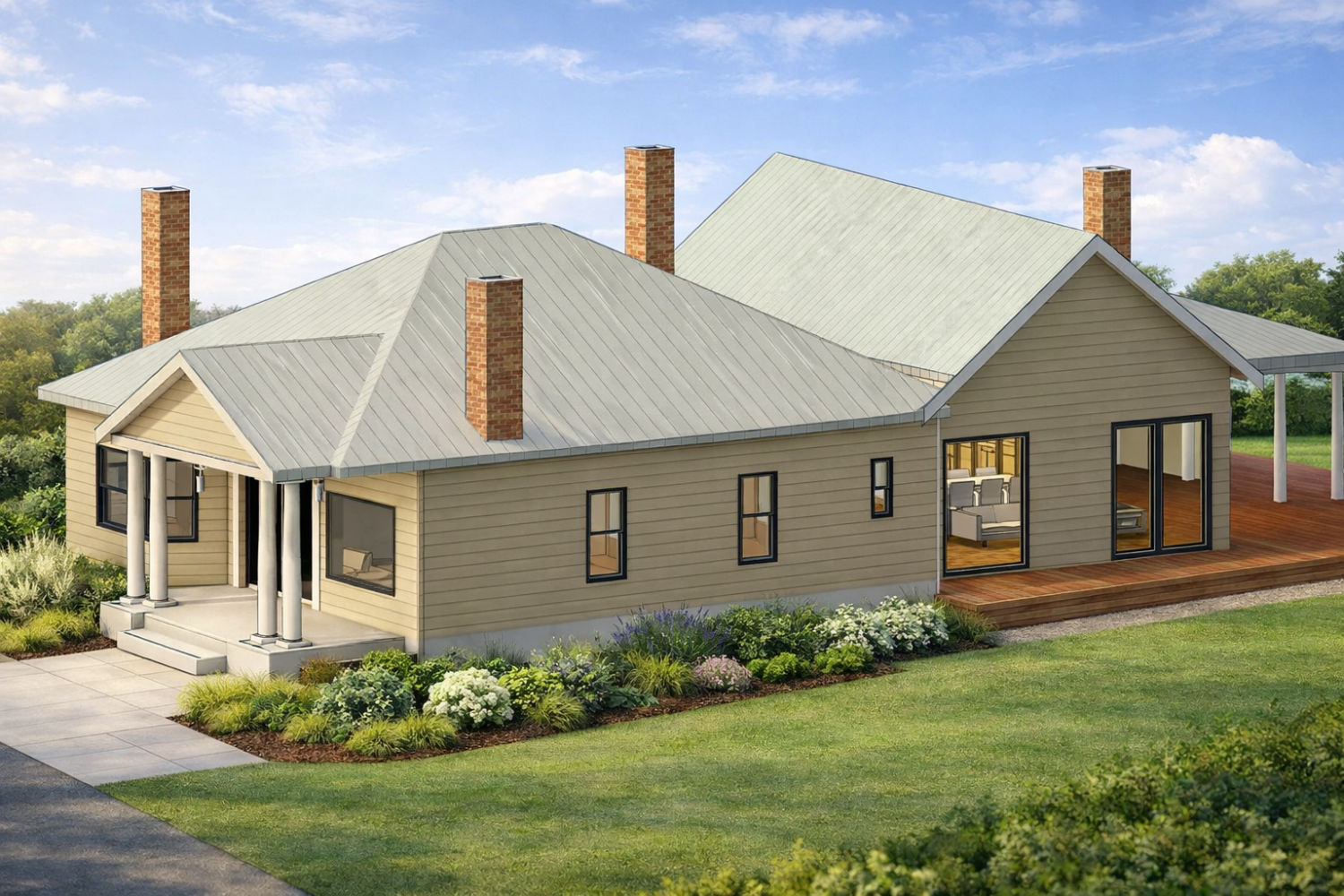 Heritage-style dwelling extension with gabled roof, brick chimneys and landscaped garden