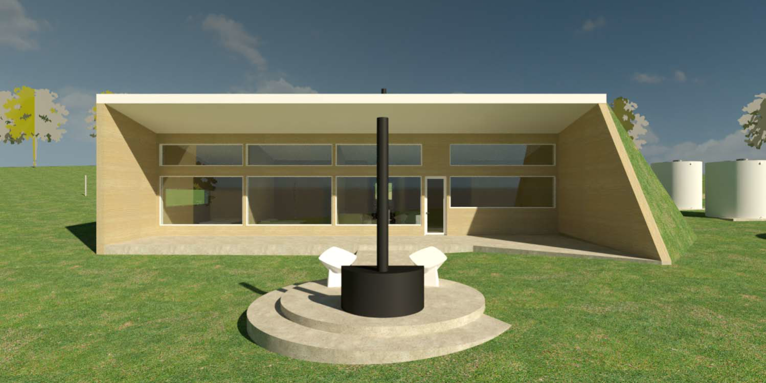 Earth-sheltered ‘earth house’ dwelling design showing grass-covered roof, rammed earth style walls and energy-efficient rural home concept.