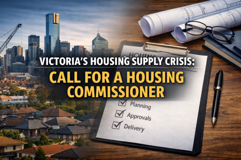 Victoria housing supply crisis feature image showing Melbourne skyline, suburban housing and planning documents highlighting call for a Housing Commissioner