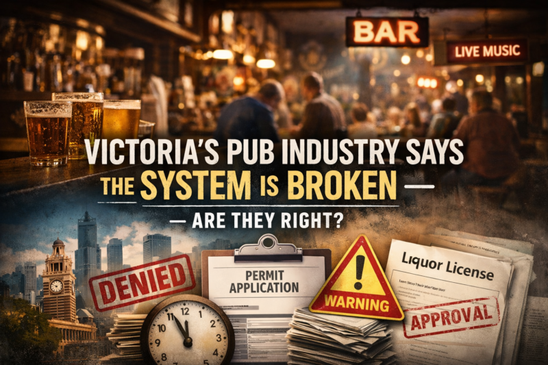 Victoria pub industry feature image showing a busy bar scene contrasted with planning permit paperwork, denied stamp, and liquor licence approval documents highlighting regulatory challenges