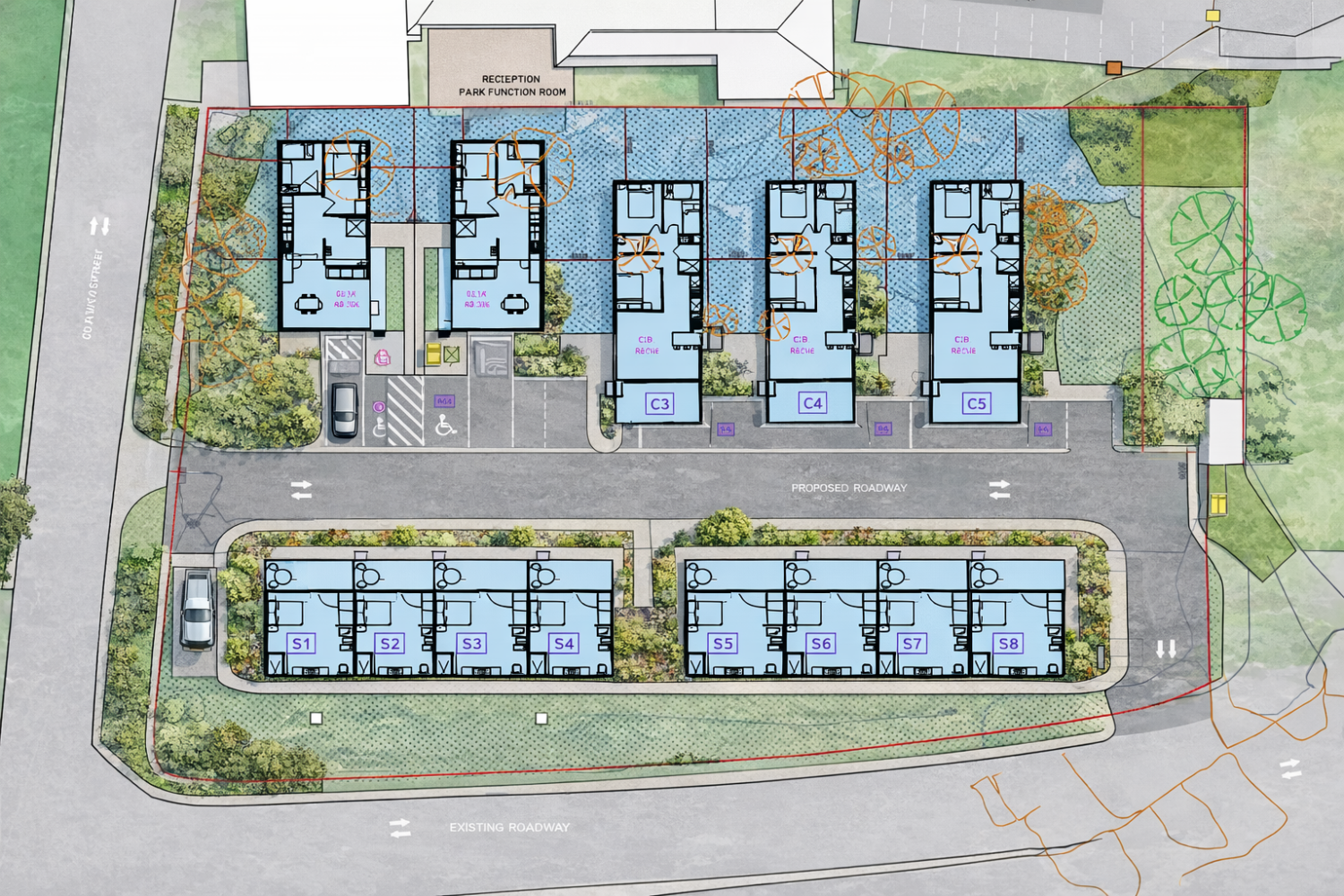 Site plan showing proposed holiday park redevelopment with cabins, studio units, internal road layout and landscaping