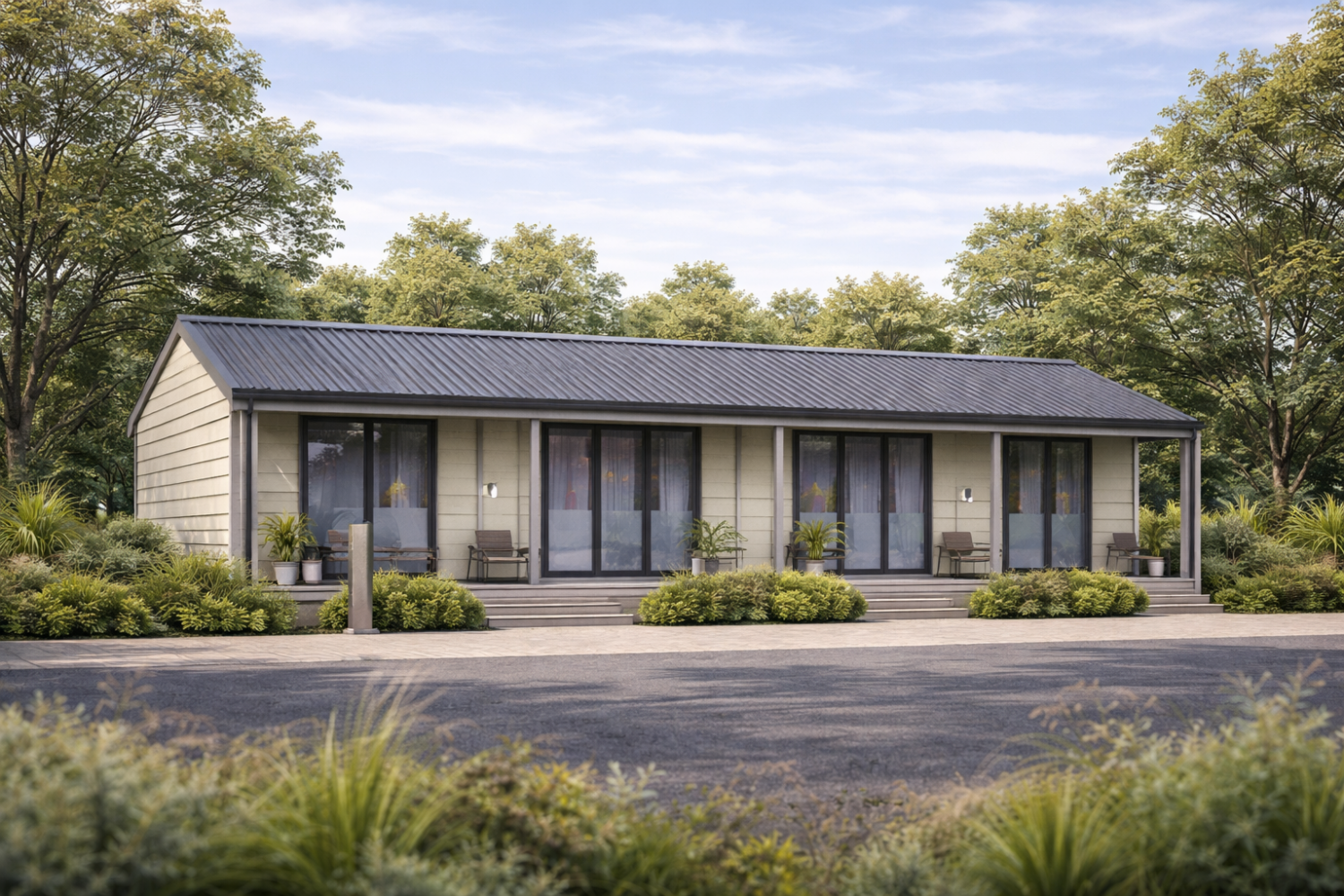 Artist’s impression of holiday park studio units with modern cladding, pitched roof and landscaped setting