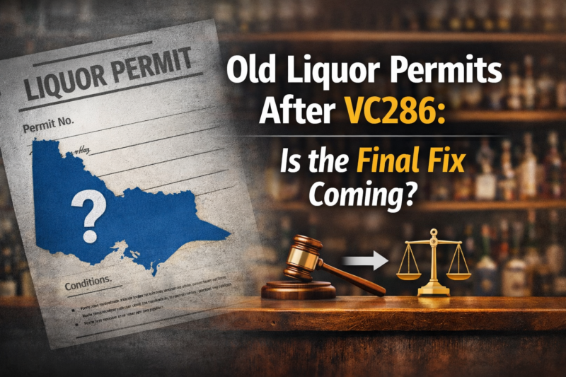 Old liquor permit with Victoria map and question mark alongside bar background, highlighting uncertainty after VC286 planning changes