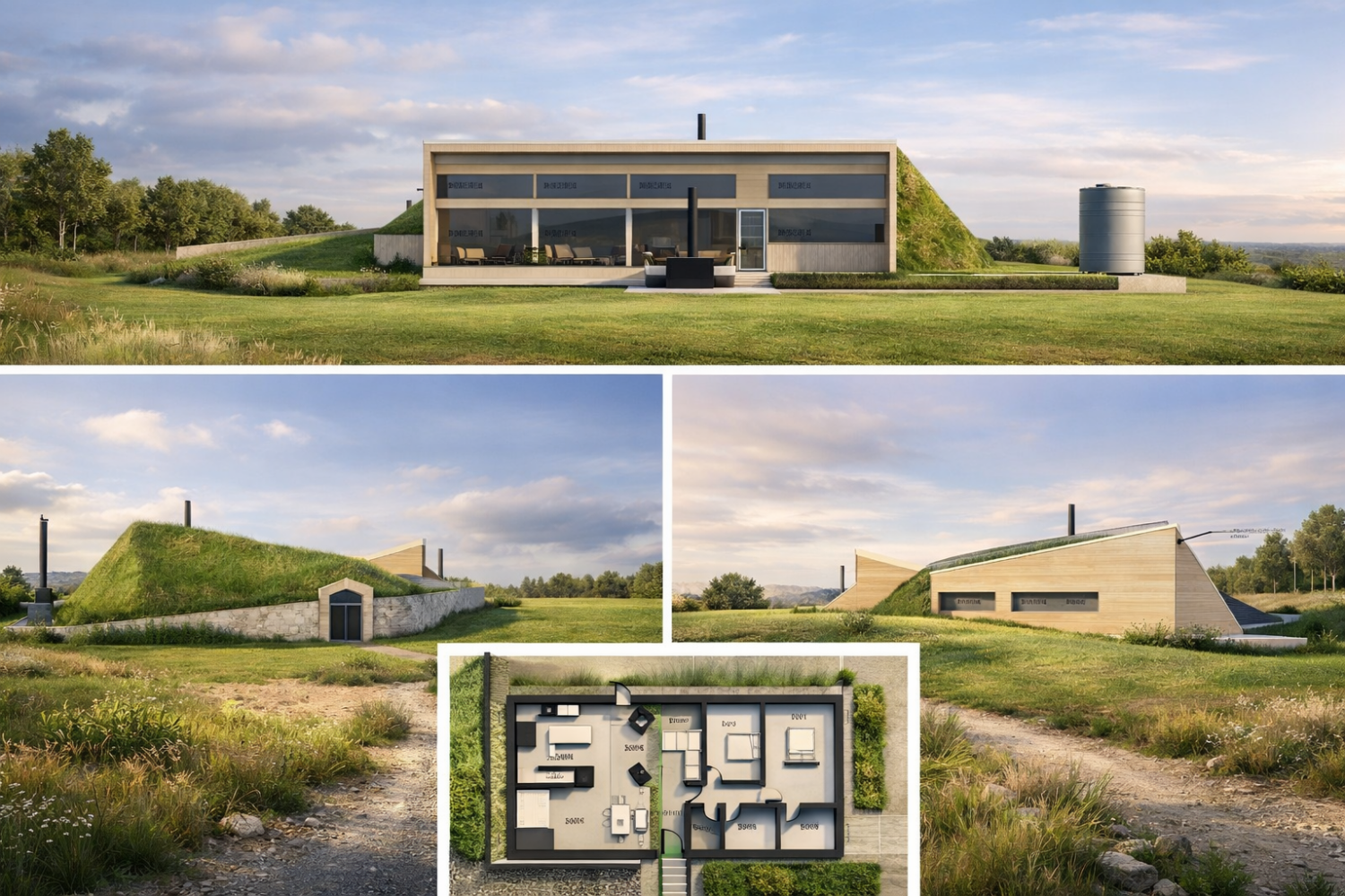 Earth-sheltered ‘earth house’ dwelling design showing grass-covered roof, rammed earth style walls and energy-efficient rural home concept.