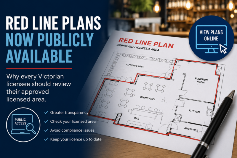 Illustration of a liquor licence red line plan highlighting the approved licensed area, promoting Liquor Control Victoria's new public access to red line plans for Victorian licensed venues.